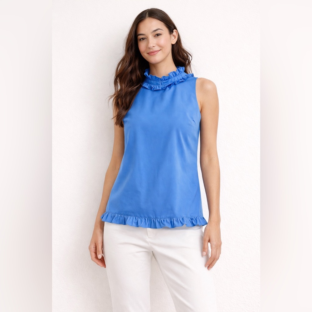 Sail to Sable Ruffle Neck Sleeveless Blouse Marina Blue Size L NWT